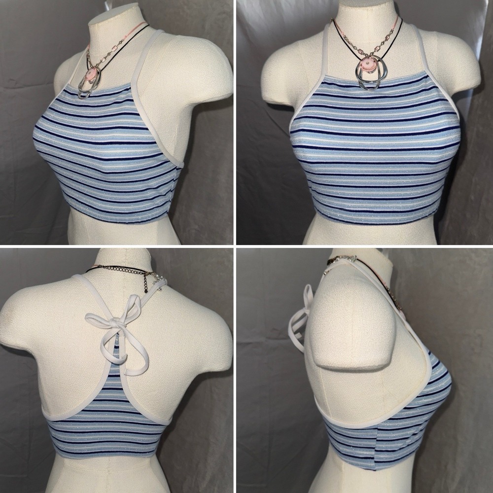 Womens‎ Blue Striped Glitter Lurex Halter Crop Top Tie Back Y2K Sz M  90s grunge